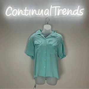 Oscar De La Renta 100% Silk Teal Blue Green Button Down Top size 6 short sleeve